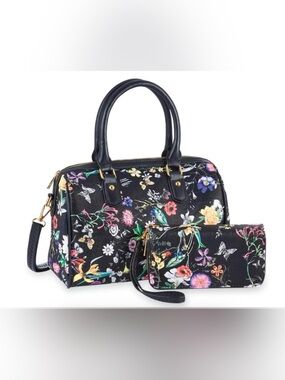 NWOT! Floral Print Vegan Leather Black Handbag and Wallet Set